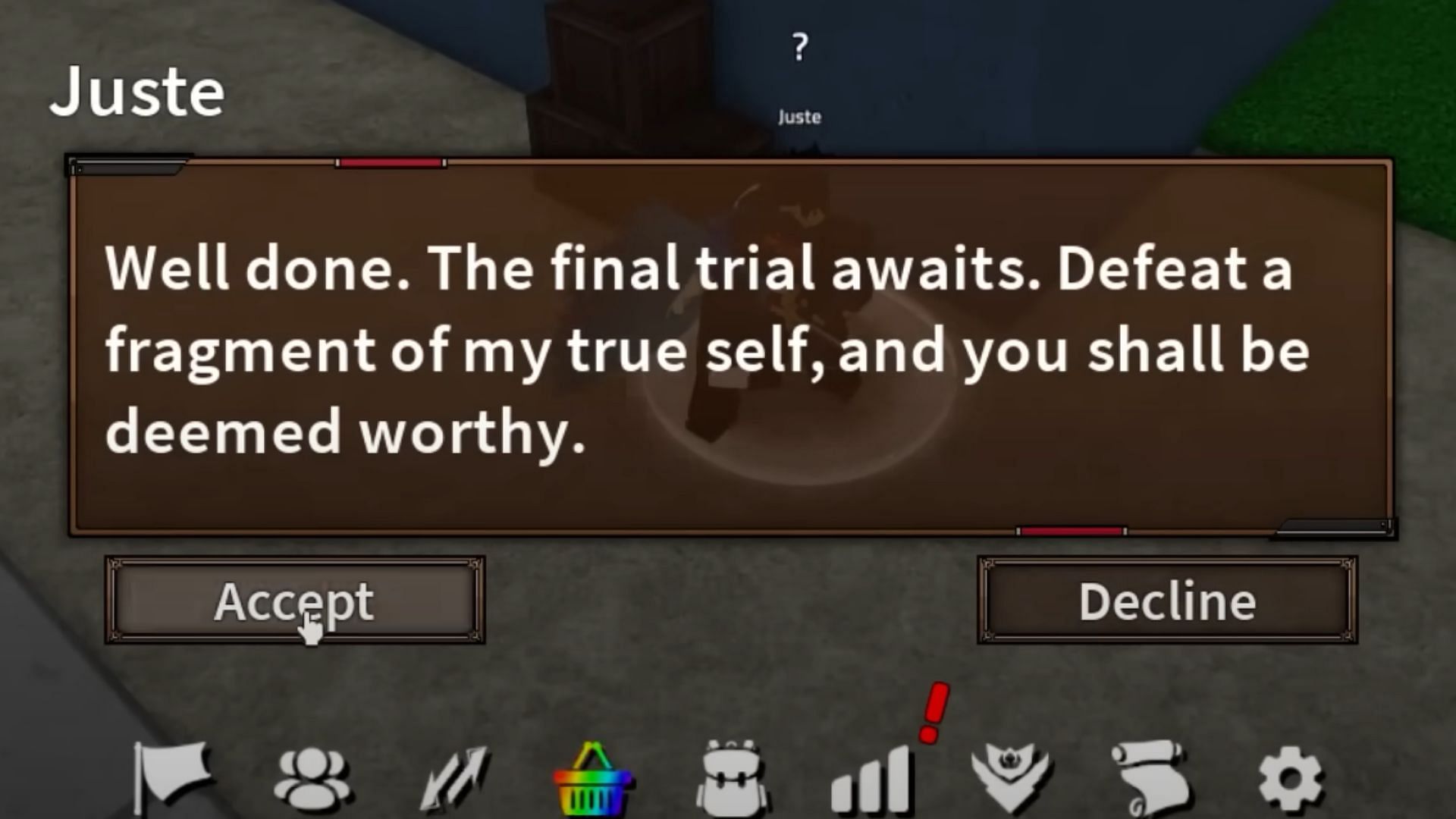 The final trial given by Juste (Image via Roblox)